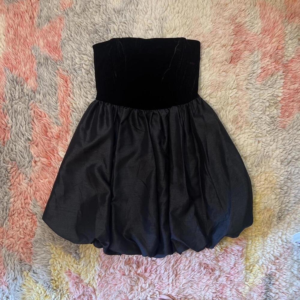 black strapless velvet bubble mini dress